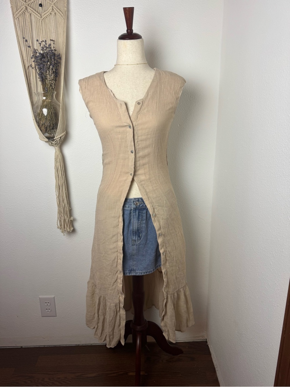 Vintage Beige Maxi Button-Front Dress
